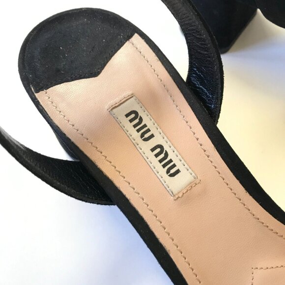 Miu Miu Ankle Wrap Strap Sandals Womens 38 8 Black Suede Shoes Block Heels Italy - Picture 3 of 11